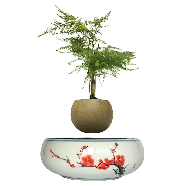 Red Flowers Ceramic Base Levitating Air-Floating Bonsai Pot - stilyo