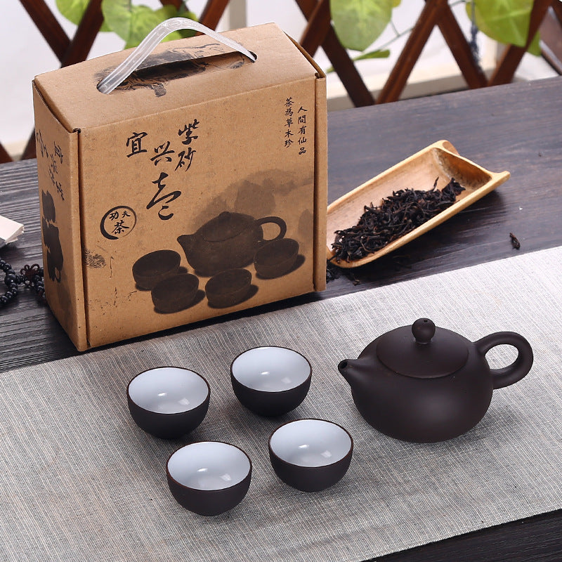 Soffe Purple Sand Ceramic Chiness Kung Fu Teapot Set With 4 Mini Cup And 1 Pot Suitable For Home Office Tea Set Drinkware - stilyo