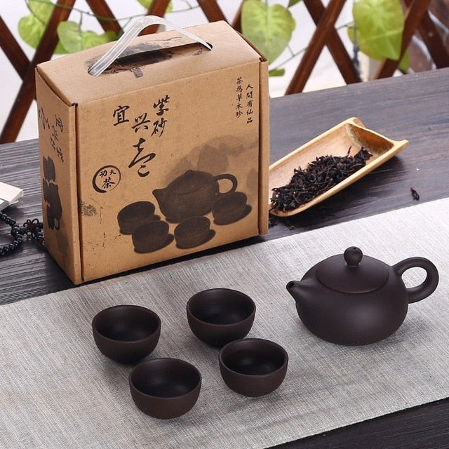 Soffe Purple Sand Ceramic Chiness Kung Fu Teapot Set With 4 Mini Cup And 1 Pot Suitable For Home Office Tea Set Drinkware - stilyo