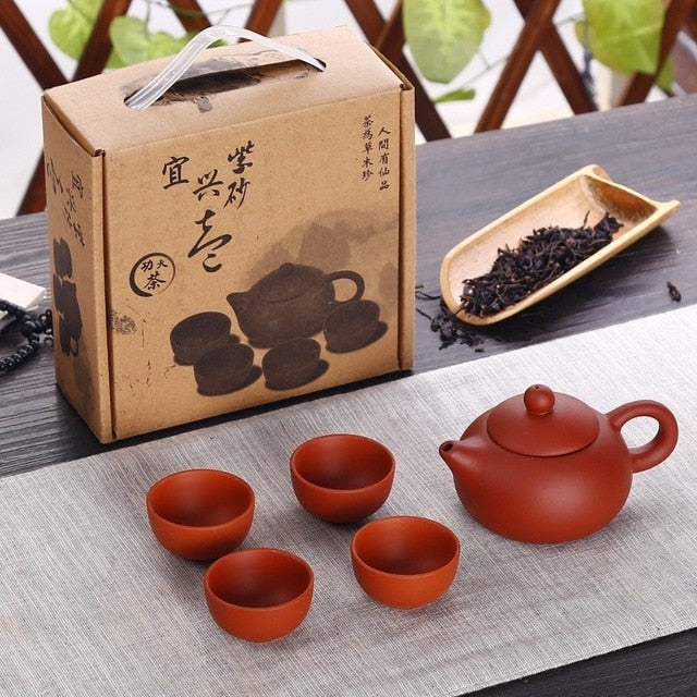 Soffe Purple Sand Ceramic Chiness Kung Fu Teapot Set With 4 Mini Cup And 1 Pot Suitable For Home Office Tea Set Drinkware - stilyo