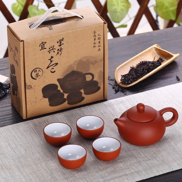 Soffe Purple Sand Ceramic Chiness Kung Fu Teapot Set With 4 Mini Cup And 1 Pot Suitable For Home Office Tea Set Drinkware - stilyo