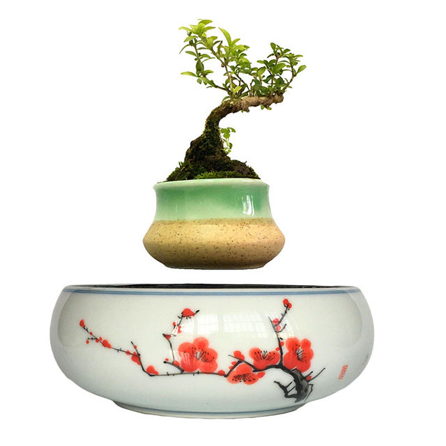 Red Flowers Ceramic Base Levitating Air-Floating Bonsai Pot - stilyo