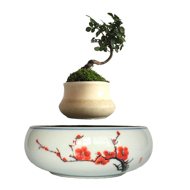 Red Flowers Ceramic Base Levitating Air-Floating Bonsai Pot - stilyo