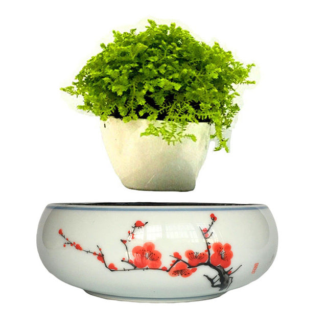 Red Flowers Ceramic Base Levitating Air-Floating Bonsai Pot - stilyo