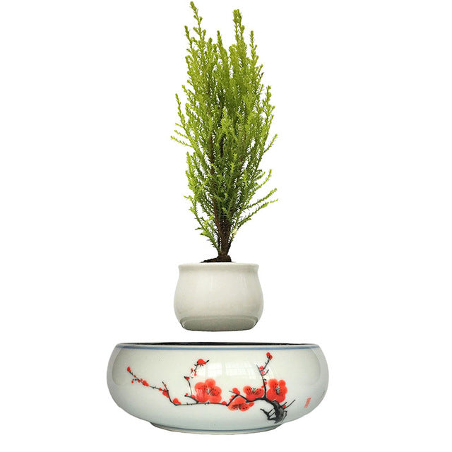 Red Flowers Ceramic Base Levitating Air-Floating Bonsai Pot - stilyo