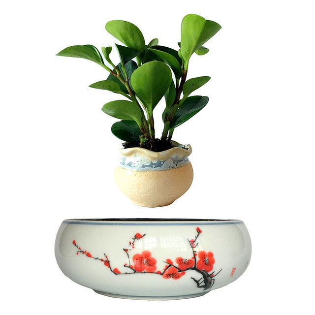 Red Flowers Ceramic Base Levitating Air-Floating Bonsai Pot - stilyo