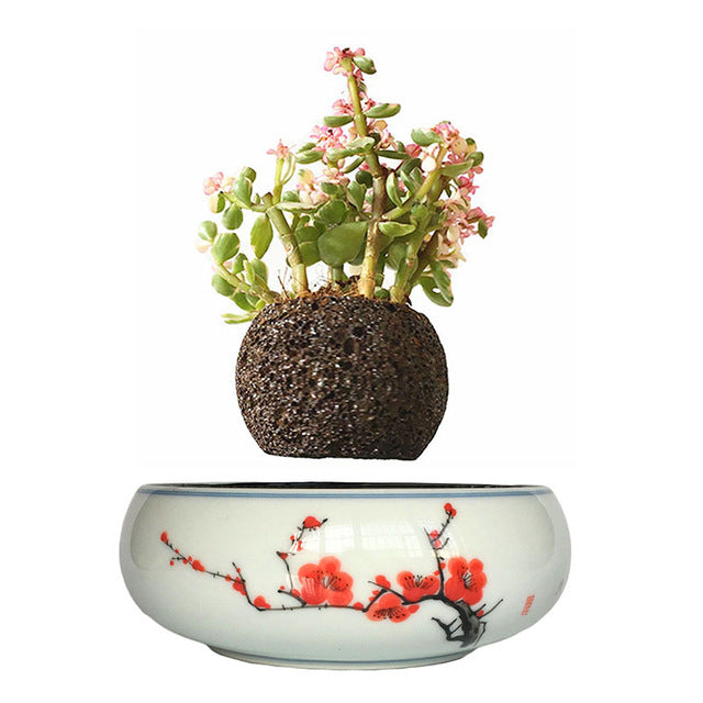 Red Flowers Ceramic Base Levitating Air-Floating Bonsai Pot - stilyo