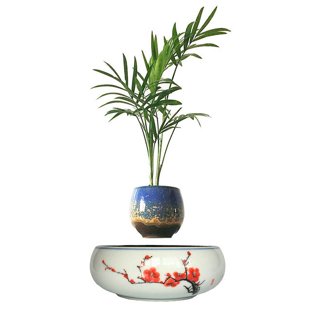 Red Flowers Ceramic Base Levitating Air-Floating Bonsai Pot - stilyo