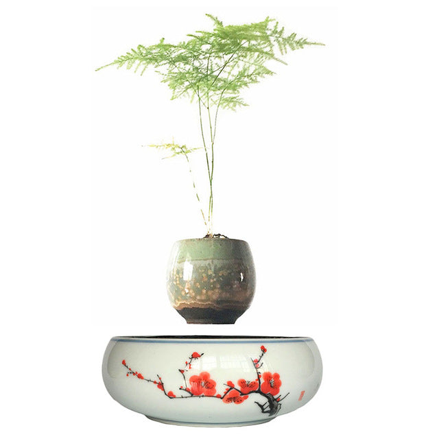 Red Flowers Ceramic Base Levitating Air-Floating Bonsai Pot - stilyo