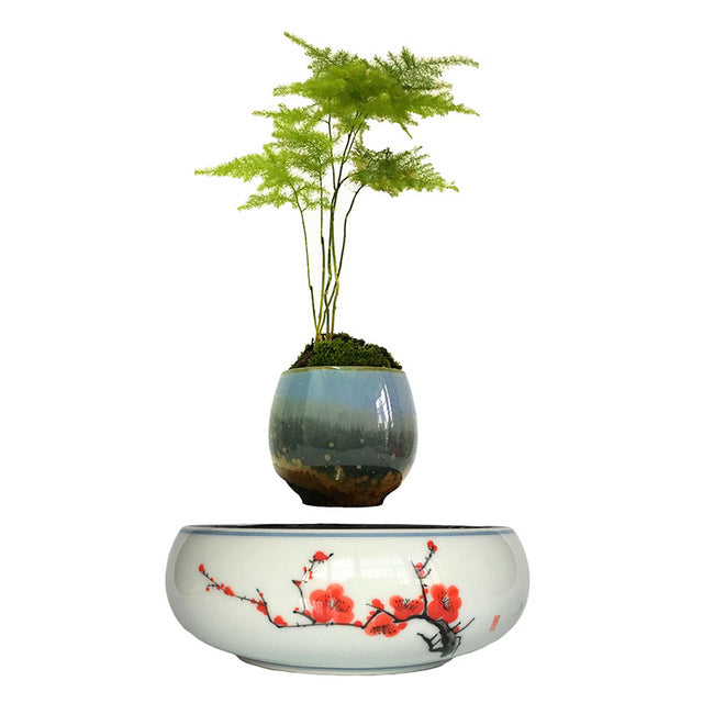 Red Flowers Ceramic Base Levitating Air-Floating Bonsai Pot - stilyo