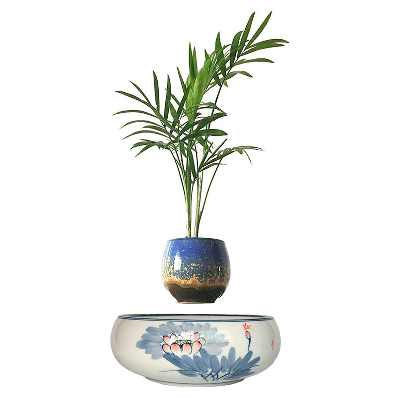 Blue Flowers Ceramic Base Levitating Air-Floating Bonsai Pot - stilyo